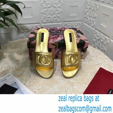 Dolce  &  Gabbana Calfskin Flat Sliders Gold With DG Millennials Logo 2021
